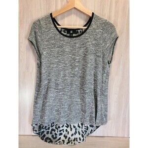 iZ Byer Cheetah Print Back Top Womens Large Gray Short Sleeve Layered Blouse